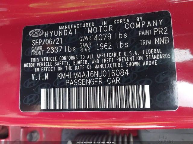 KMHLM4AJ6NU016084 Hyundai Elantra Hybrid Blue