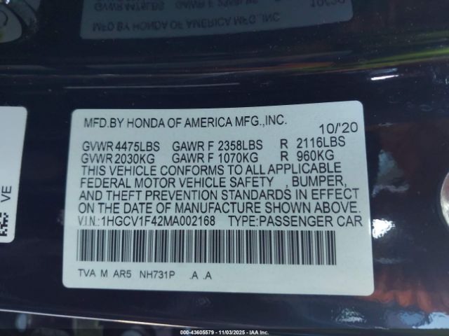 2021 HONDA ACCORD 1HGCV1F42MA002168 Photo 8