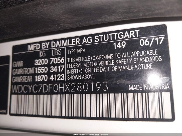 43605981 :رقم المزاد ، WDCYC7DF0HX280193 vin ، 2017 Mercedes-benz Amg G 63 4matic مزاد بيع