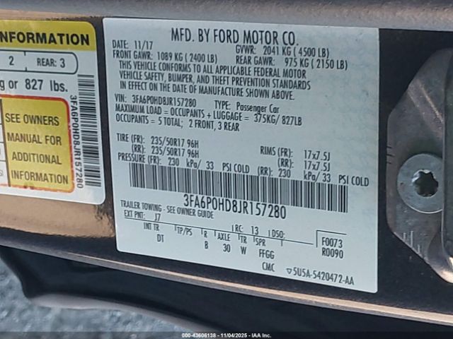 2018 FORD FUSION 3FA6P0HD8JR157280 Photo 8