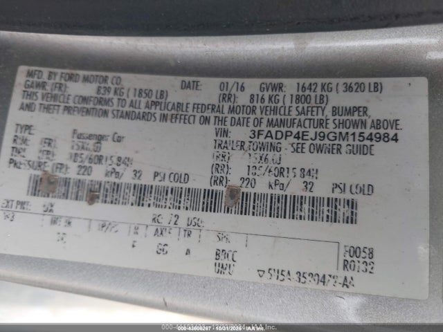43606267 :رقم المزاد ، 3FADP4EJ9GM154984 vin ، 2016 Ford Fiesta Se مزاد بيع