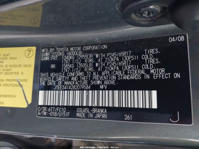 2008 TOYOTA HIGHLANDER JTEES41A282079584 Photo 8