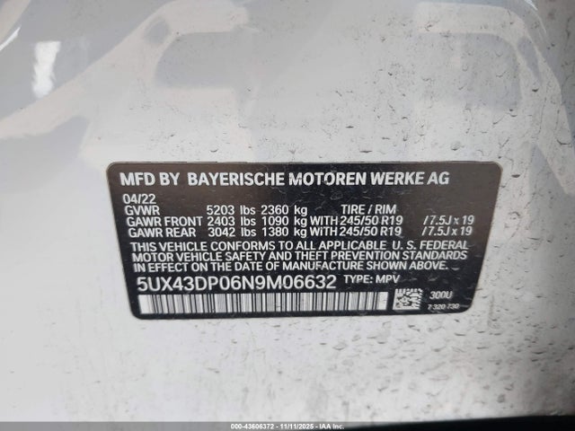 2022 Bmw X3 Sdrive30i მანქანა იყიდება აუქციონზე, vin: 5UX43DP06N9M06632, აუქციონის ნომერი: 43606372