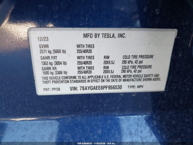 Продаж на аукціоні авто 2023 Tesla Model Y Awd/long Range Dual Motor All-wheel Drive, vin: 7SAYGAEE8PF956530, номер лоту: 43606520