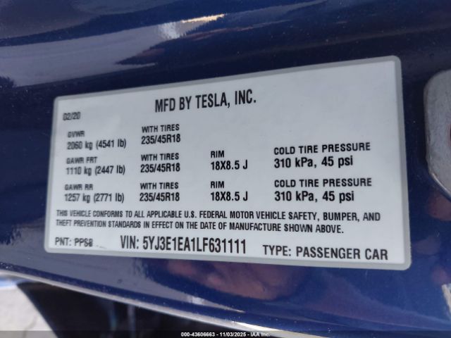 2020 TESLA MODEL 3 5YJ3E1EA1LF631111 Photo 8
