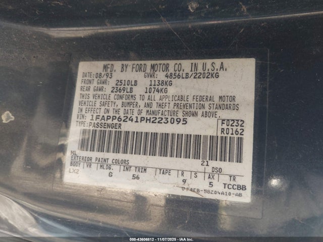 Продажа на аукционе авто 1993 Ford Thunderbird Lx, vin: 1FAPP6241PH223095, номер лота: 43606812