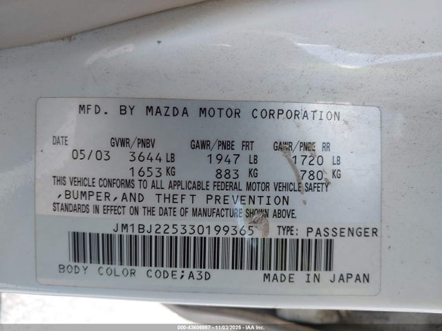 Продажа на аукционе авто 2003 Mazda Protege Dx/es/lx, vin: JM1BJ225330199365, номер лота: 43606987