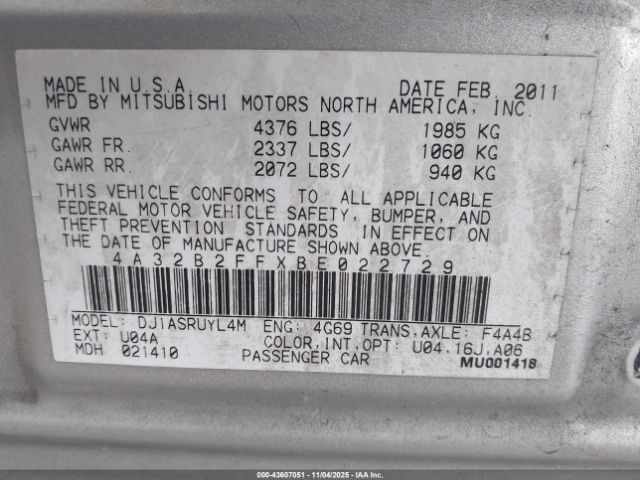 2011 MITSUBISHI GALANT 4A32B2FFXBE022729 Photo 8