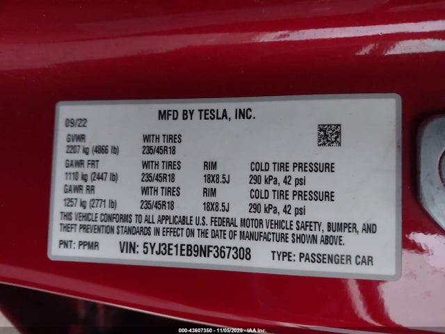 43607350 :رقم المزاد ، 5YJ3E1EB9NF367308 vin ، 2022 Tesla Model 3 Long Range Dual Motor All-wheel Drive مزاد بيع