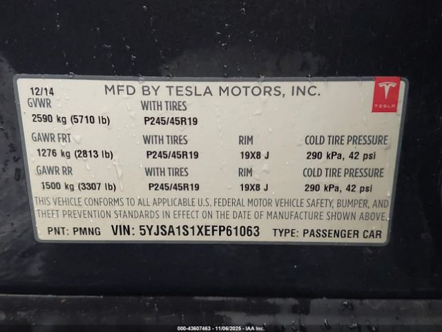 2014 TESLA MODEL S 5YJSA1S1XEFP61063 Photo 8