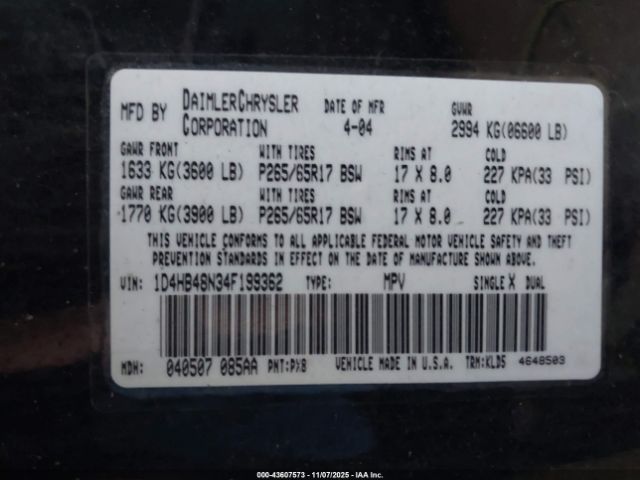 2004 DODGE DURANGO 1D4HB48N34F199362 Photo 8
