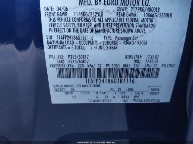 2006 FORD FIVE HUNDRED 1FAFP24186G181116 Photo 8