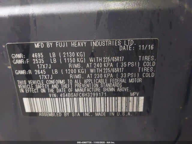 43607735 :رقم المزاد ، 4S4BSAFC6H3299171 vin ، 2017 Subaru Outback 2.5i Premium مزاد بيع