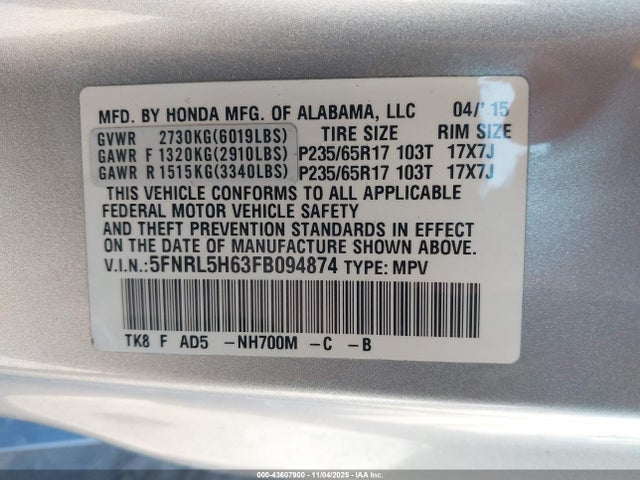 2015 HONDA ODYSSEY 5FNRL5H63FB094874 Photo 8