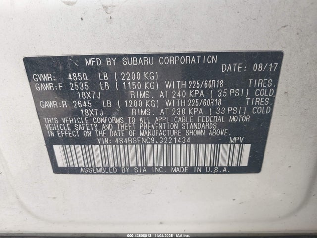 43608013 :رقم المزاد ، 4S4BSENC9J3221434 vin ، 2018 Subaru Outback 3.6r Limited مزاد بيع