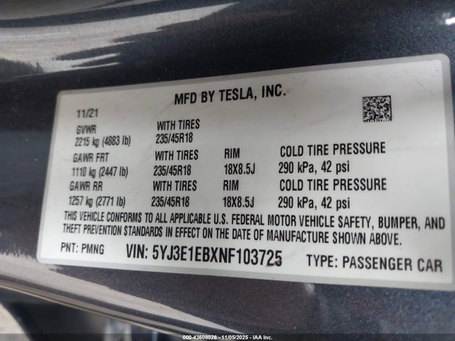 2022 TESLA MODEL 3 5YJ3E1EBXNF103725 Photo 8