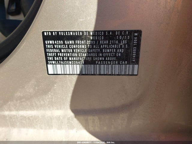 43608071 :رقم المزاد ، 3VWLL7AJ2EM225428 vin ، 2014 Volkswagen Jetta 2.0l Tdi مزاد بيع