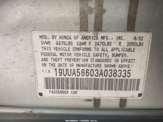 43608435 :رقم المزاد ، 19UUA56603A038335 vin ، 2003 Acura Tl 3.2 مزاد بيع