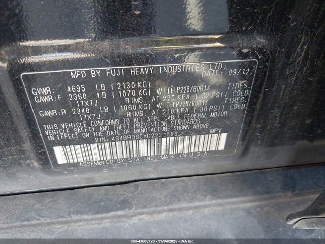Продажа на аукционе авто 2013 Subaru Outback 3.6r Limited, vin: 4S4BRDSCXD2231586, номер лота: 43608723