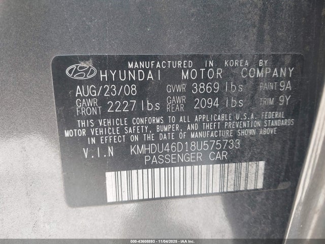Aukcja sprzedaży 2008 Hyundai Elantra Gls/se, vin: KMHDU46D18U575733, numer aukcji: 43608893
