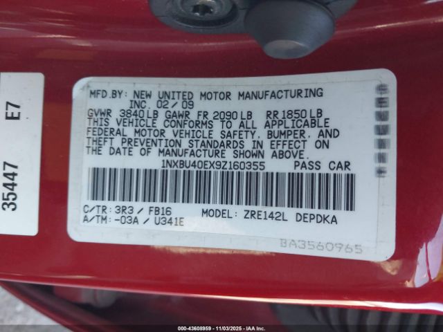 2009 TOYOTA COROLLA 1NXBU40EX9Z160355 Photo 8