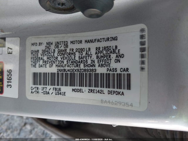 Aukcja sprzedaży 2009 Toyota Corolla Le, vin: 1NXBU40EX9Z089383, numer aukcji: 43609024