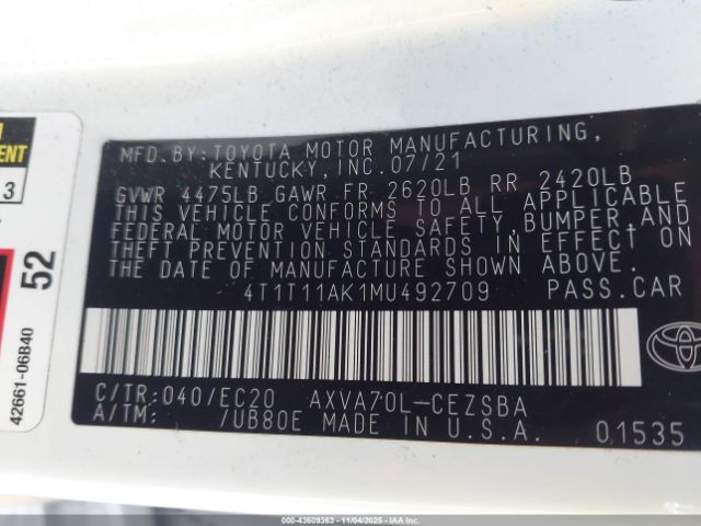 2021 TOYOTA CAMRY 4T1T11AK1MU492709 Photo 8