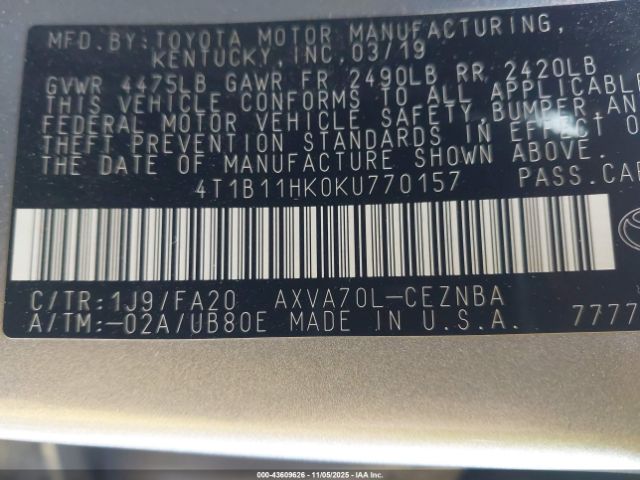 2019 TOYOTA CAMRY 4T1B11HK0KU770157 Photo 8