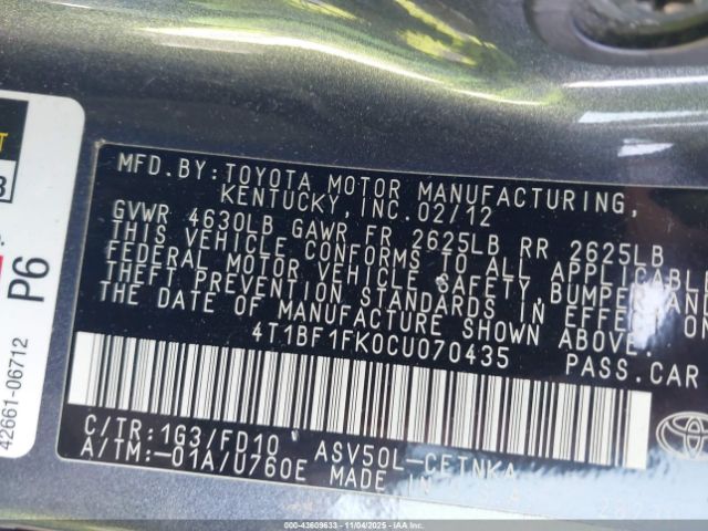 2012 TOYOTA CAMRY 4T1BF1FK0CU070435 Photo 8