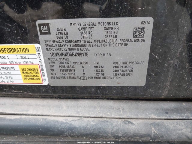 1GNKVHKD6EJ289175 Chevrolet Traverse 2lt