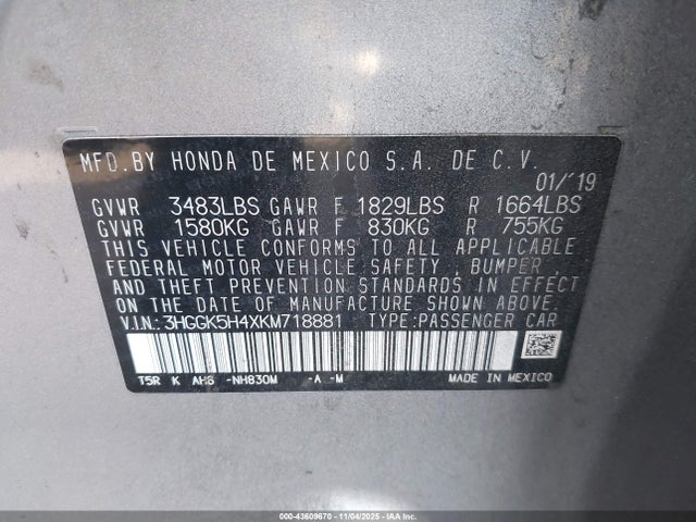 3HGGK5H4XKM718881 Honda FIT LX