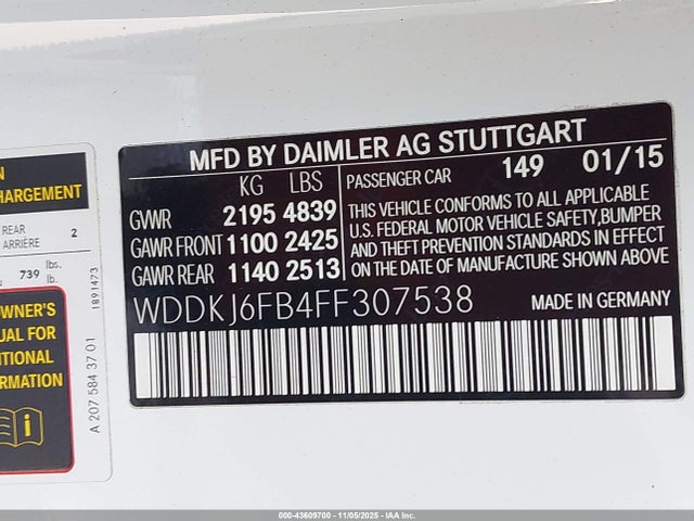 Продажа на аукционе авто 2015 Mercedes-benz E 400, vin: WDDKJ6FB4FF307538, номер лота: 43609700