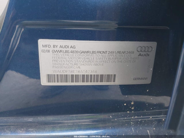 2008 AUDI A4 WAUDF78E78A147346 Photo 8