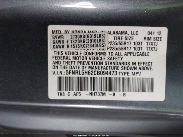 2012 HONDA ODYSSEY 5FNRL5H62CB094473 Photo 8