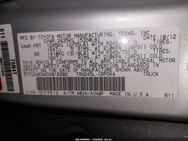 Aukcja sprzedaży 2013 Toyota Tacoma, vin: 5TFUX4EN4DX018202, numer aukcji: 43609852