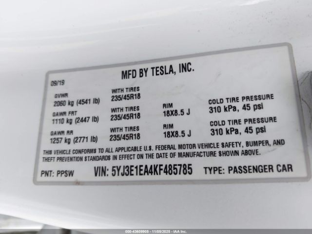 2019 TESLA MODEL 3 5YJ3E1EA4KF485785 Photo 8