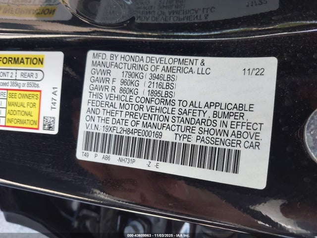 2023 Honda Civic Sport მანქანა იყიდება აუქციონზე, vin: 19XFL2H84PE000169, აუქციონის ნომერი: 43609963