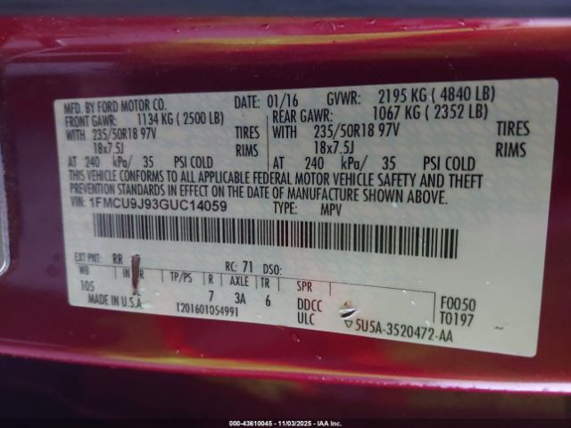 2016 FORD ESCAPE 1FMCU9J93GUC14059 Photo 8