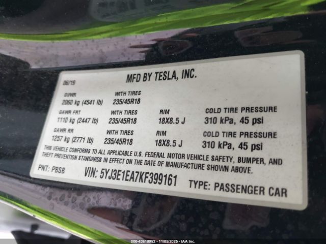 2019 TESLA MODEL 3 5YJ3E1EA7KF399161 Photo 8