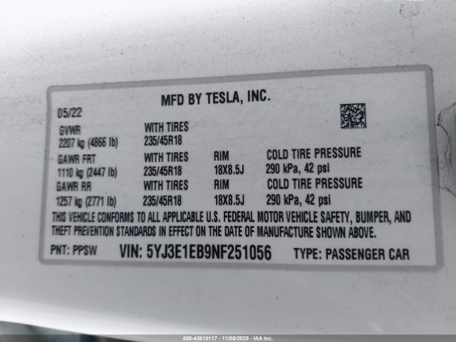 2022 TESLA MODEL 3 5YJ3E1EB9NF251056 Photo 8