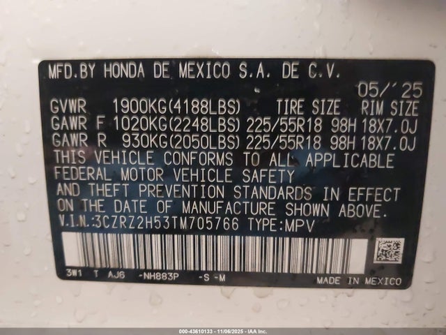 43610133 :رقم المزاد ، 3CZRZ2H53TM705766 vin ، 2026 Honda Hr-v Awd Sport مزاد بيع