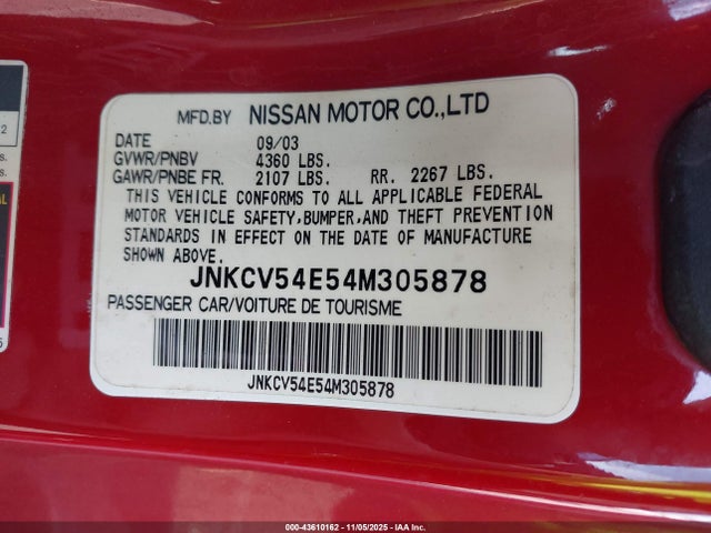 2004 Infiniti G35 მანქანა იყიდება აუქციონზე, vin: JNKCV54E54M305878, აუქციონის ნომერი: 43610162