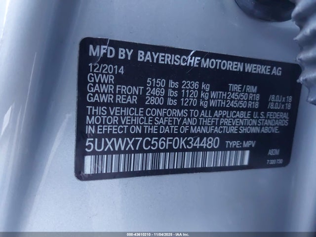 Продаж на аукціоні авто 2015 Bmw X3 Xdrive35i, vin: 5UXWX7C56F0K34480, номер лоту: 43610210