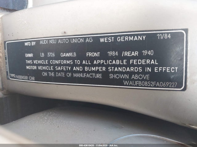 1985 AUDI 4000 WAUFB0852FA069227 Photo 8