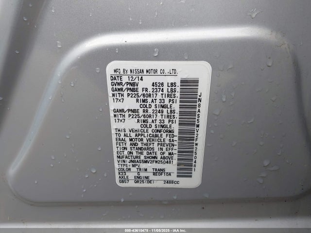 Aukcja sprzedaży 2015 Nissan Rogue Select S, vin: JN8AS5MV2FW250481, numer aukcji: 43610478
