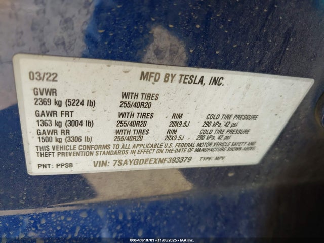 2022 TESLA MODEL Y 7SAYGDEEXNF393379 Photo 8