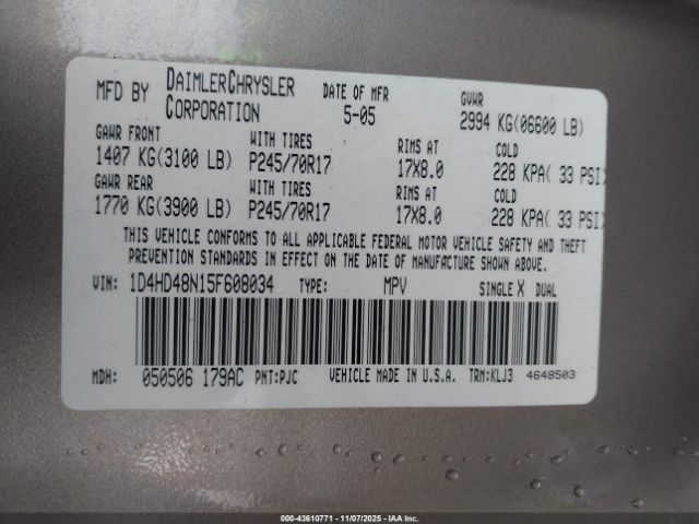 2005 DODGE DURANGO 1D4HD48N15F608034 Photo 8