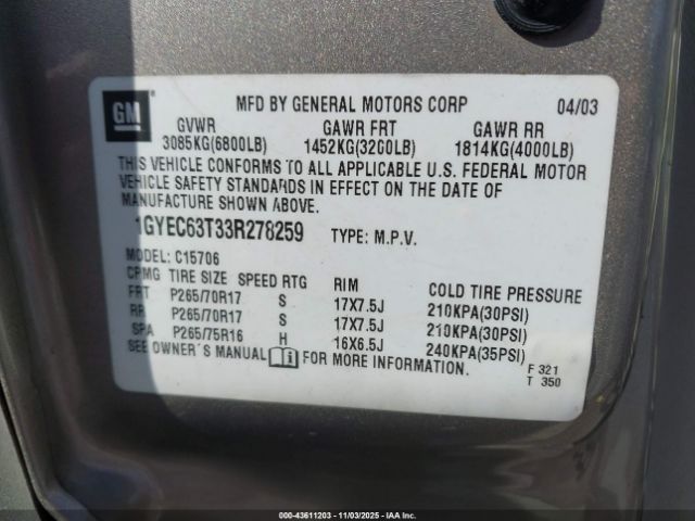 2003 CADILLAC ESCALADE 1GYEC63T33R278259 Photo 8