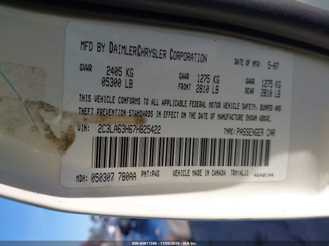 Продаж на аукціоні авто 2007 Chrysler 300c, vin: 2C3LA63H67H825422, номер лоту: 43611356