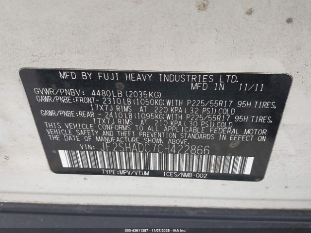 2012 SUBARU FORESTER JF2SHADC7CH422866 Photo 8
